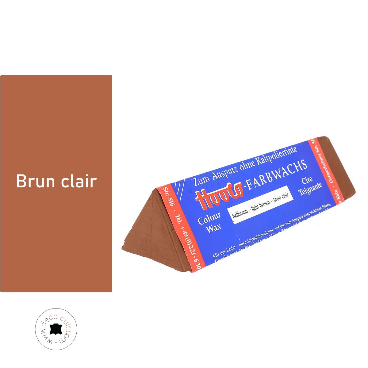 Cire teintante pour cuir Hooco, brun clair, en pot, utilisé pour l'entretien du cuir et la restauration.