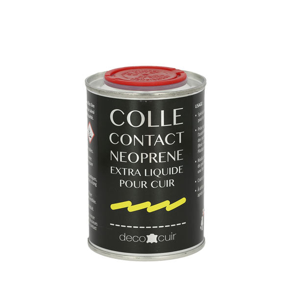 Colle en néoprène Extraliquide de Deco Cuir, idéale pour la réparation du cuir, dans un pot de colle pour cuir.