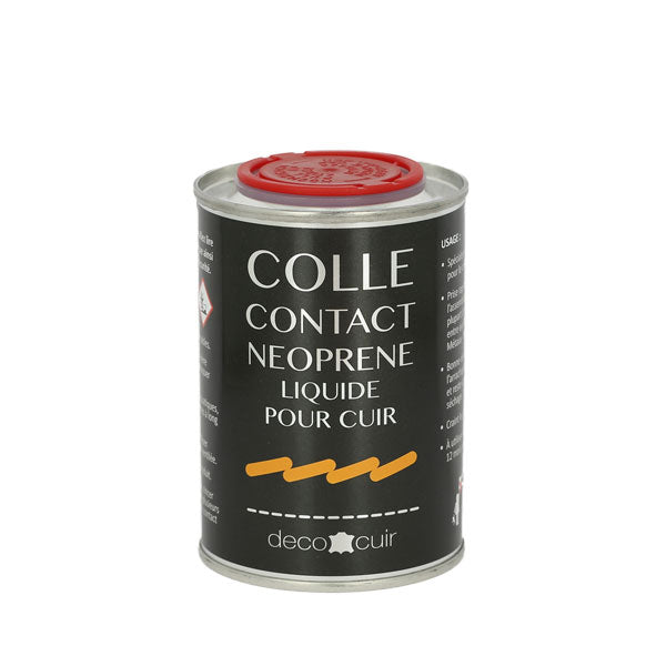 Colle liquide néoprène Deco Cuir pour cuir, pot de colle pour réparation et assemblage de matériaux en cuir.