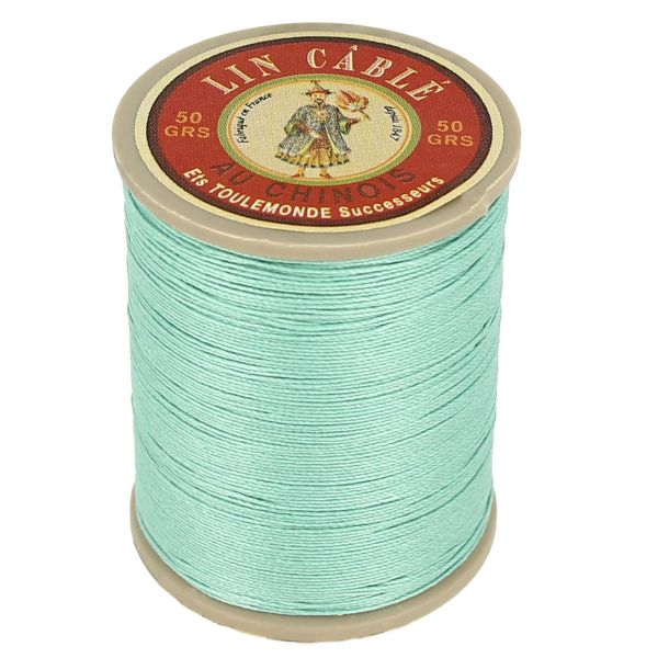 Bobine de 285m de fil de lin câblé glacé AU CHINOIS Jade 448, vue arrière, pour mercerie et couture.