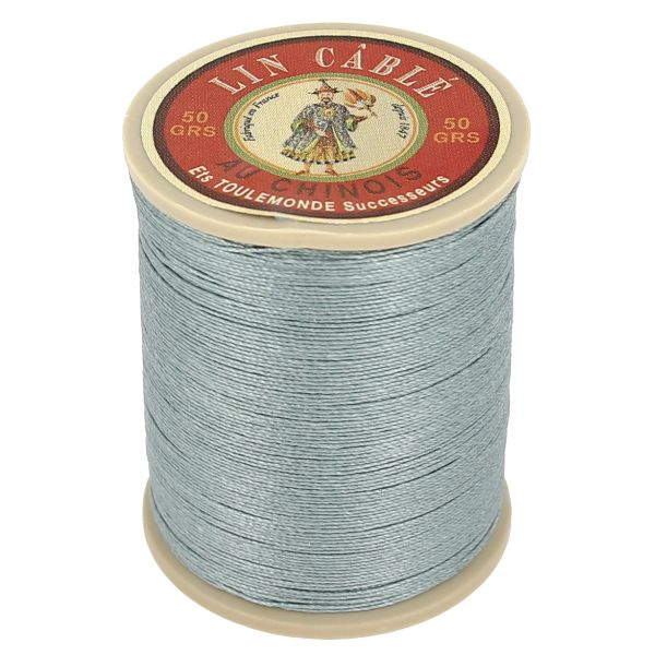 Bobine de 375m de fil de lin câblé glacé gris souris de la marque Fil au Chinois, vue verso.