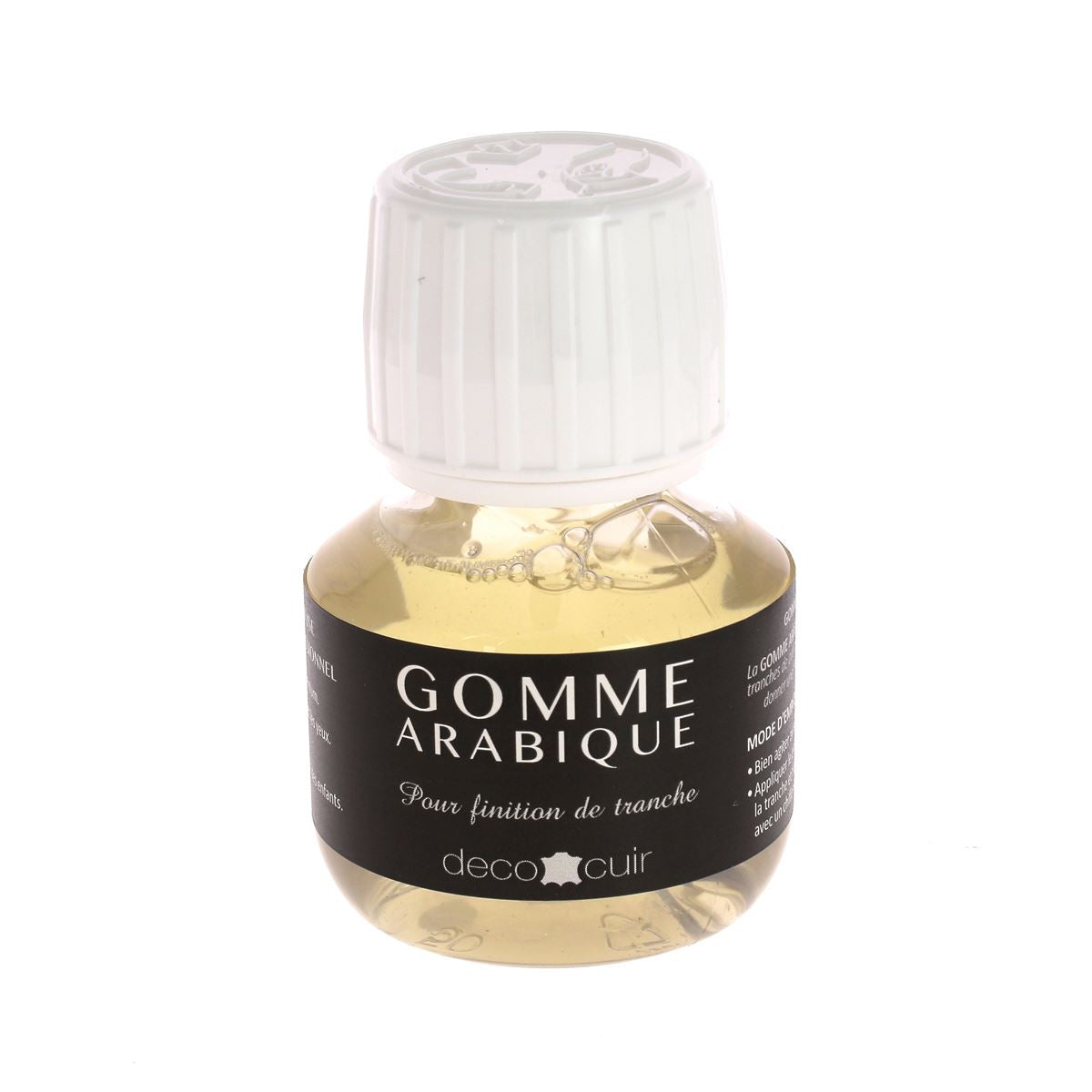 Gomme arabique Deco Cuir pour finition de tranche, flacon de 60 ml, utilisé pour teintures et peintures sur cuir.