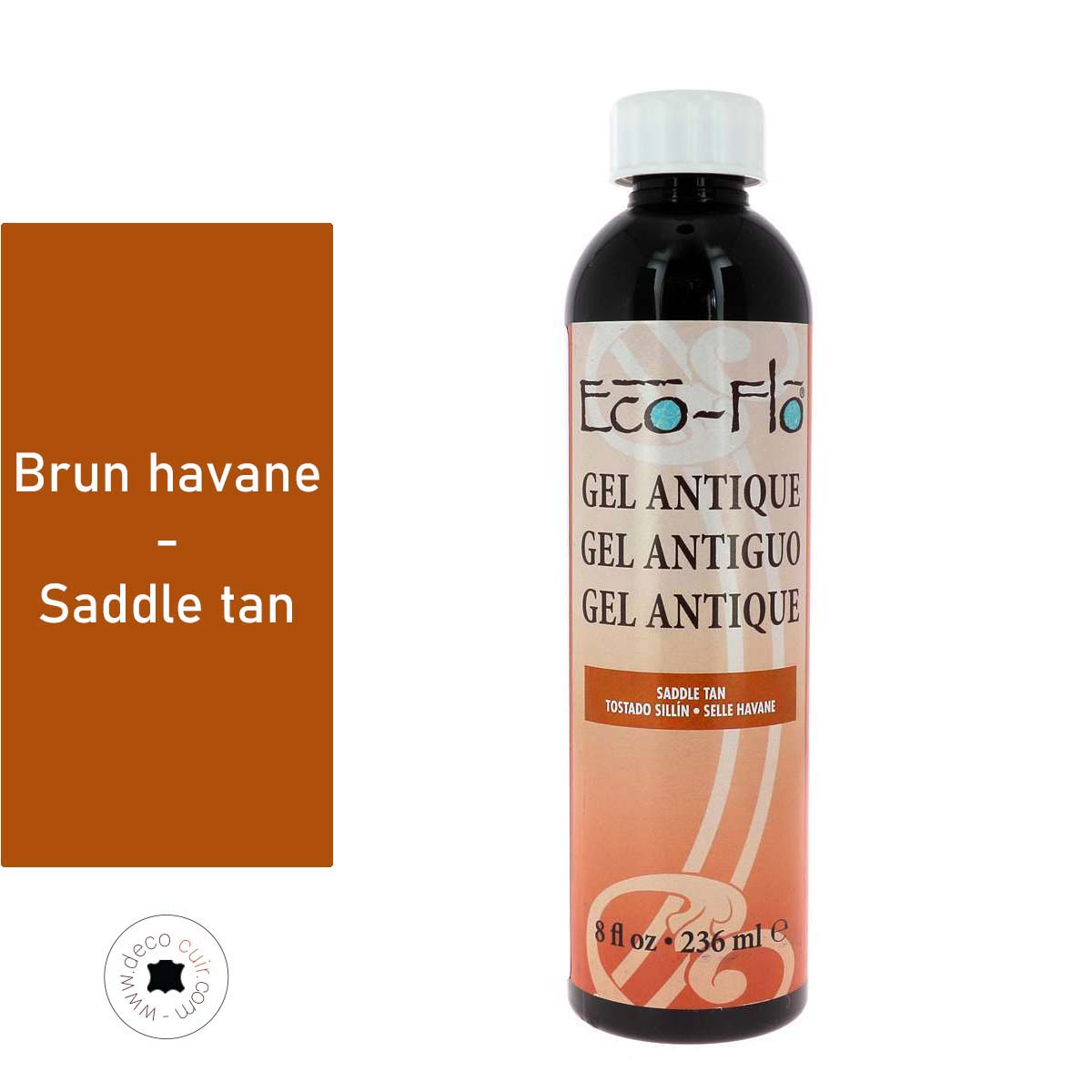 Teinture pour cuir Eco-Flo Gel Antique Saddle Tan, 236 ml, teinture et peinture pour cuir brun havane.