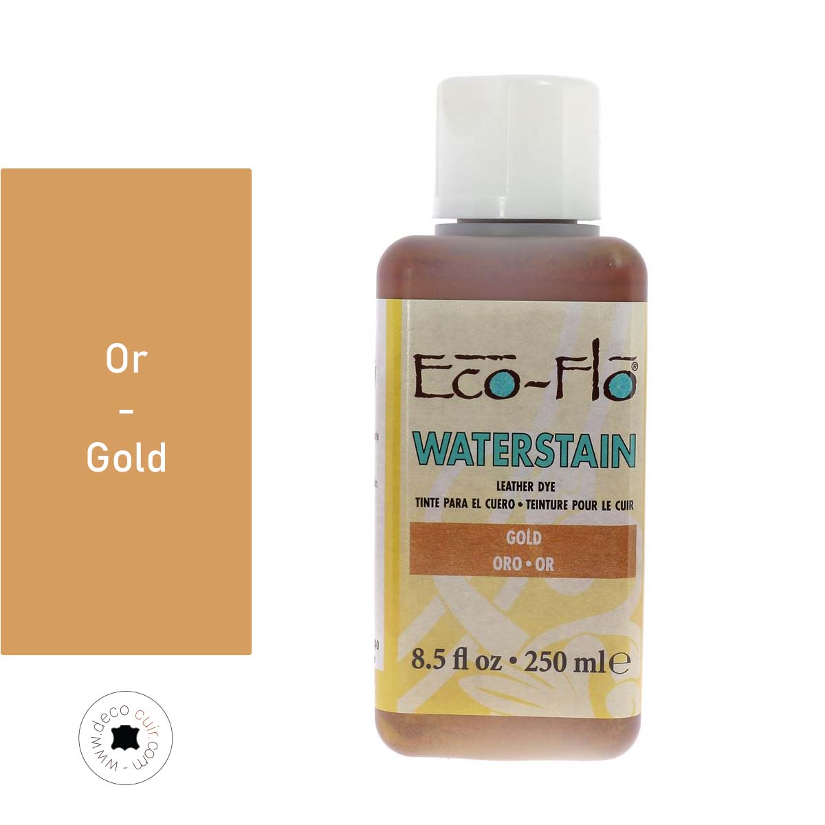 Additif Waterstain Eco-Flo pour teinture cuir or or jaune, 250ml, produit pour teintures et peintures.