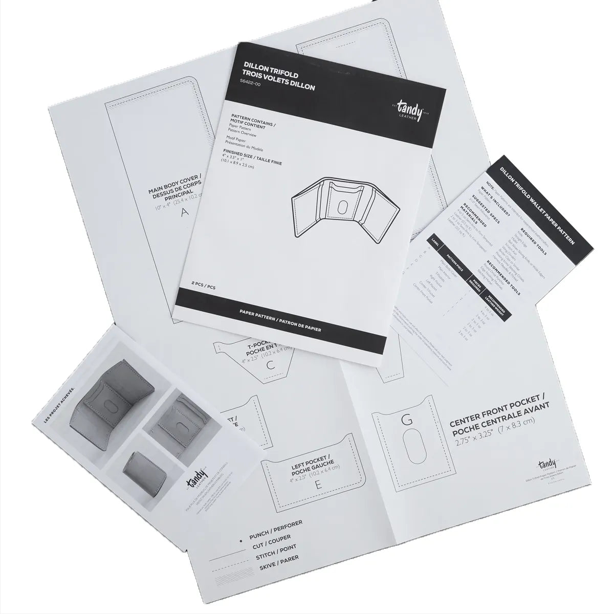 Patron papier porte-cartes en cuir DILLON avec explications en français et en anglais