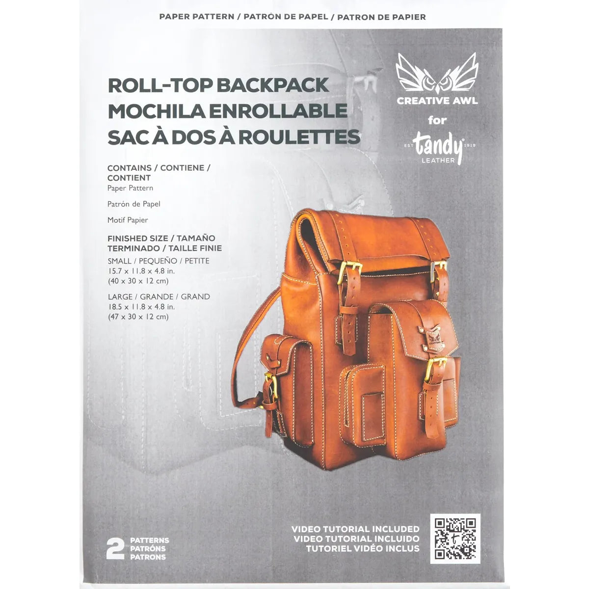Modèle de patron pour sac à dos roll-top en cuir, créé par Tandy Leather, illustré avec détails pour la fabrication artisanale.