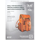 Modèle de patron pour sac à dos roll-top en cuir, créé par Tandy Leather, illustré avec détails pour la fabrication artisanale.