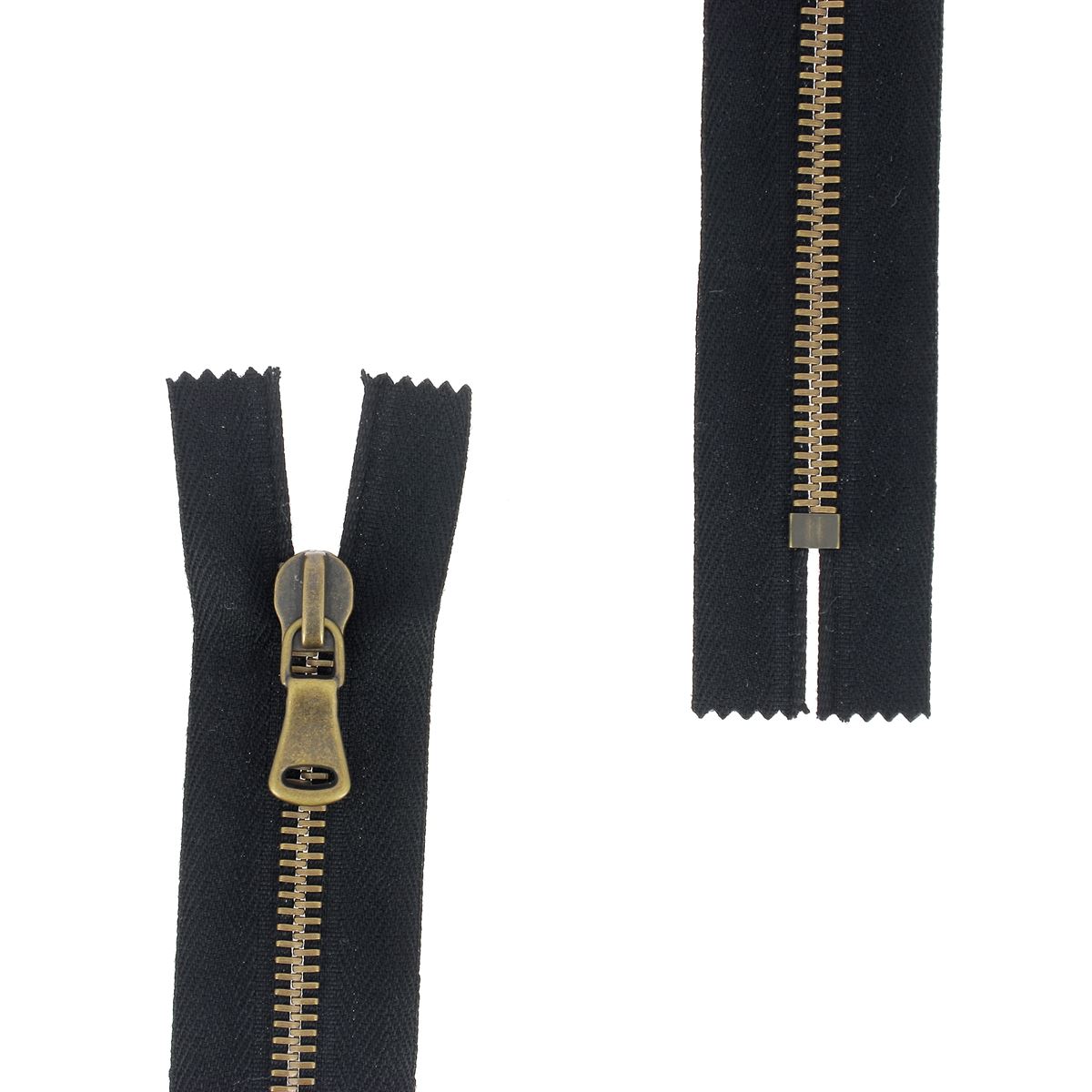 Fermeture à glissière en métal de 6mm en laiton vieilli, produit de mercerie SUPRA, visible en détail.