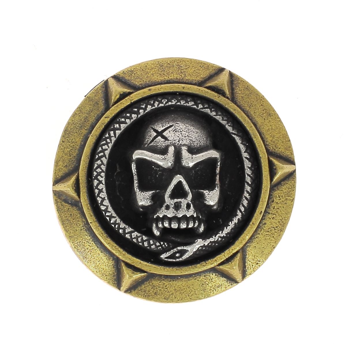 Concho à visser en laiton avec tête de mort encadrée, 30mm, finition vieilli en laiton et argent pour accessoires.