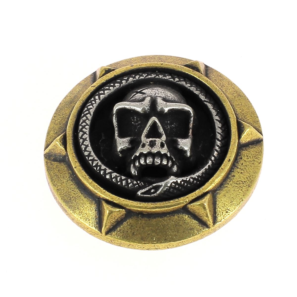 Concho à visser en laiton avec tête de mort encadrée, 30mm, finition vieillie en laiton et argent pour accessoires.