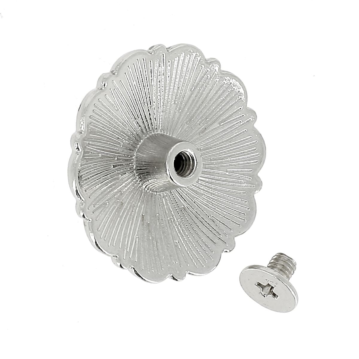 Concho à visser rond fleur bleue de 25mm, accessoire en nickelé, avec motif floral détaillé.