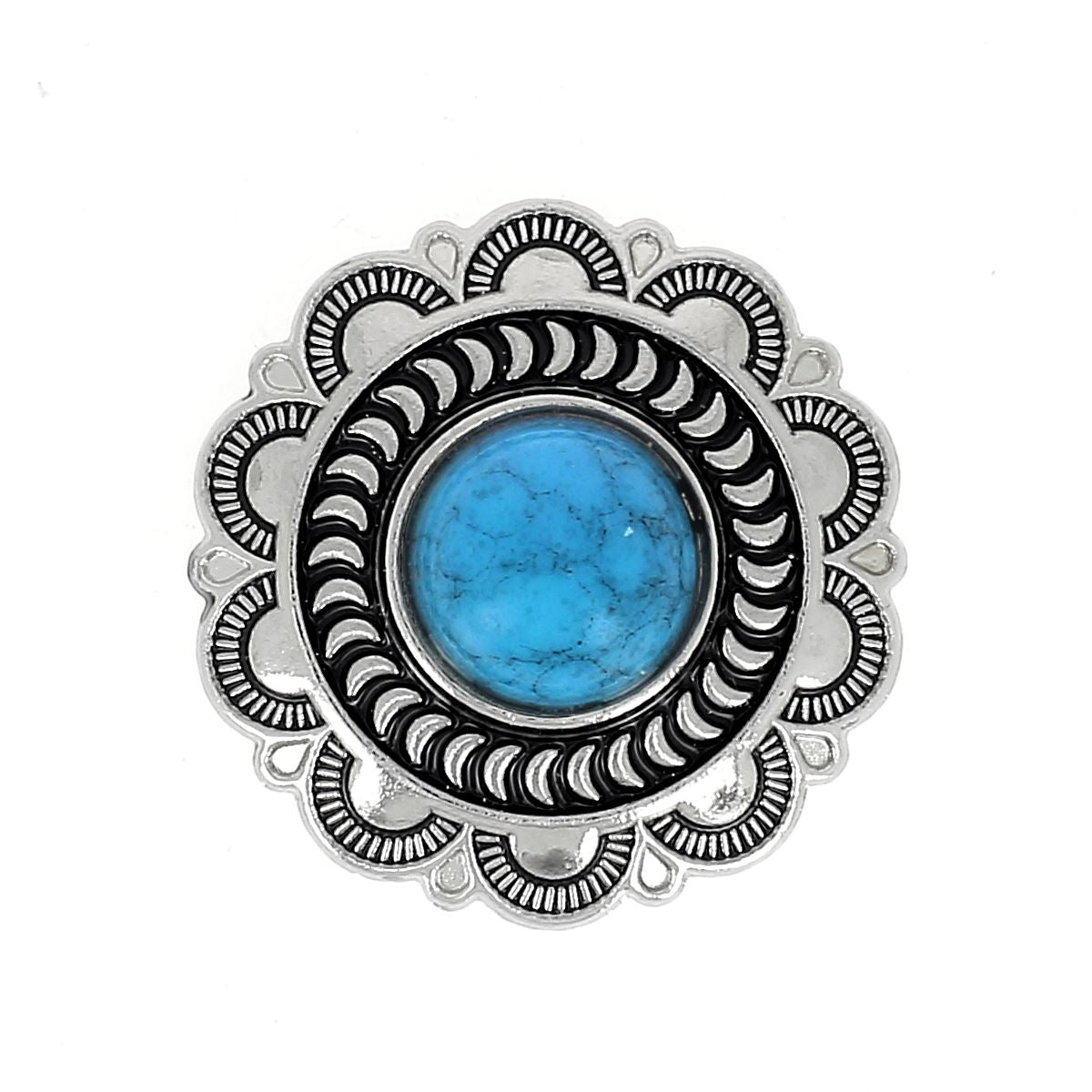 Concho à visser rond fleur bleue de 25mm en nickelé, accessoire en métal pour décoration ou customisation.