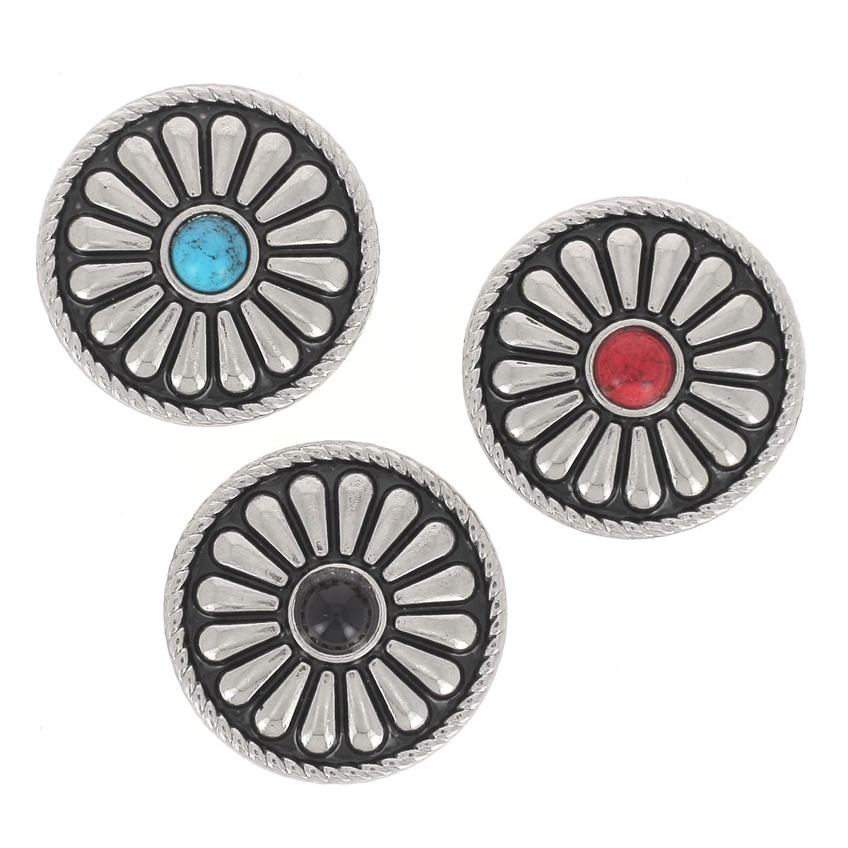 Concho à visser rond Pâquerette de 26mm, accessoire en nickelé pour bijoux ou vêtements, avec motif floral délicat.