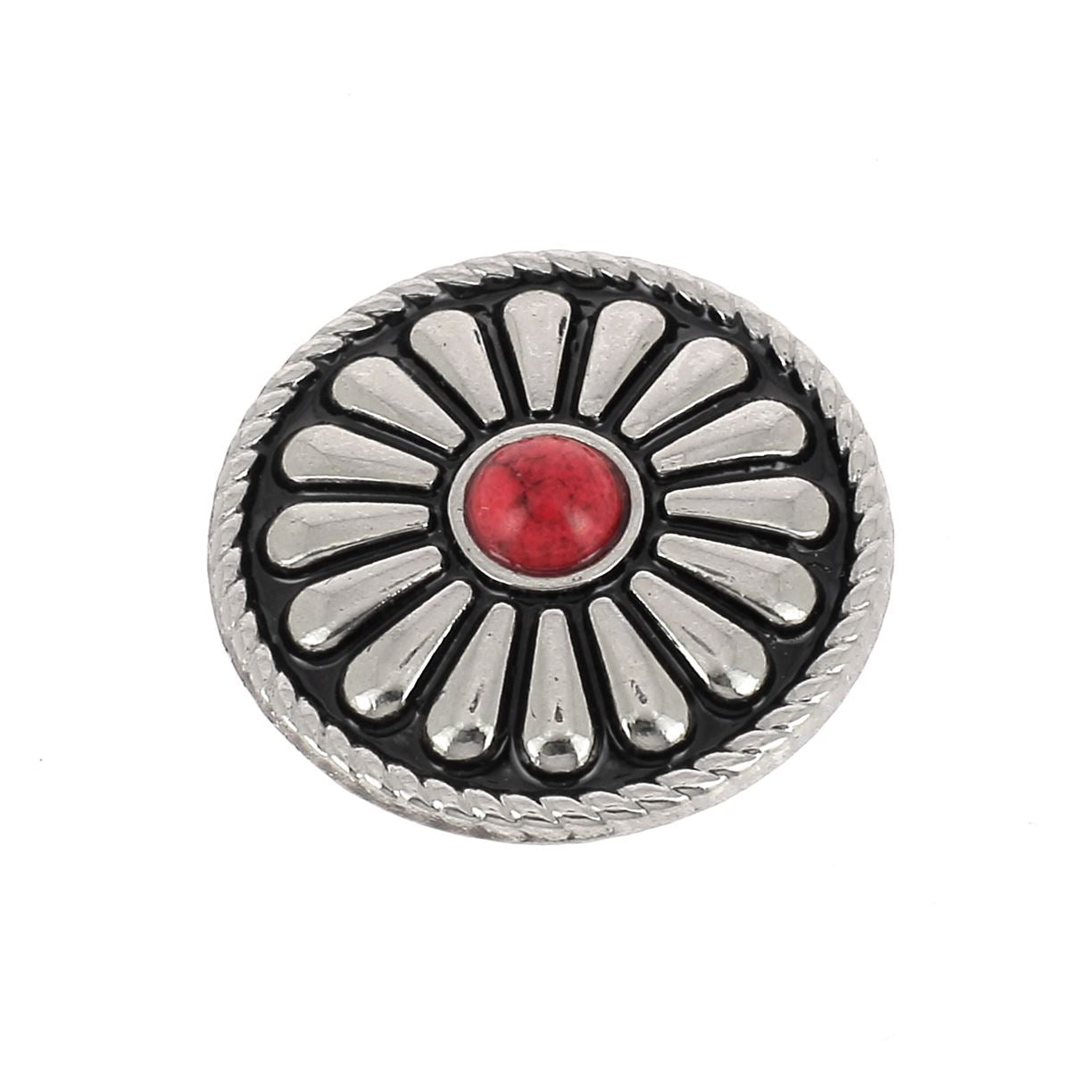 Concho à visser rond Pâquerette de 26mm en nickelé, accessoire pour cuir ou décoration, vue en gros plan.