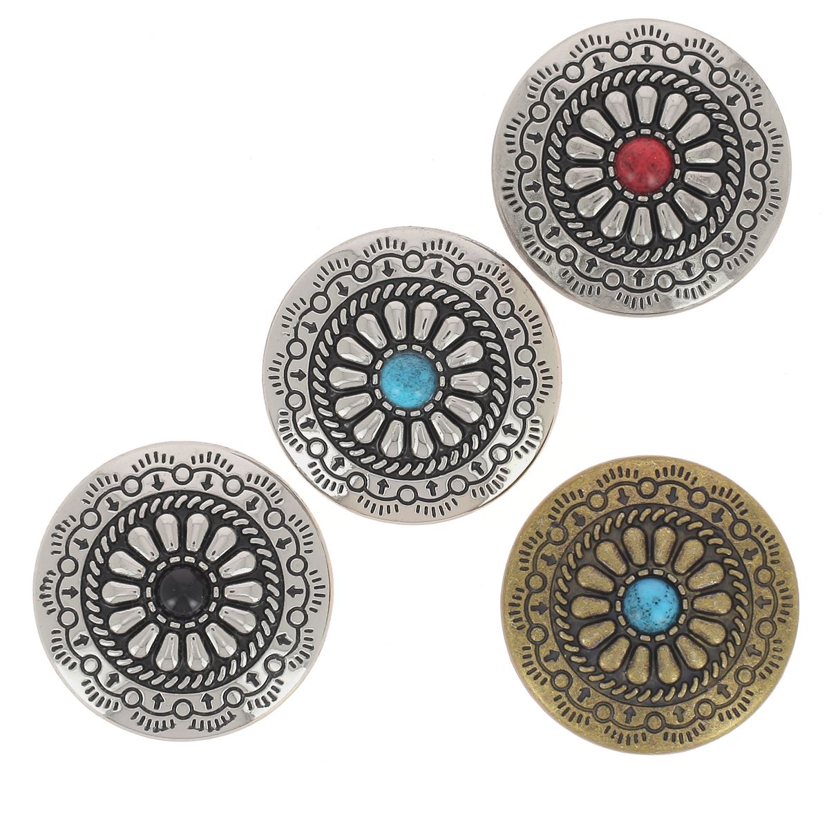 Concho à visser rond Zalij de 30mm, accessoire métallique de finition pour cuir ou textile, image montrant la surface brillante.