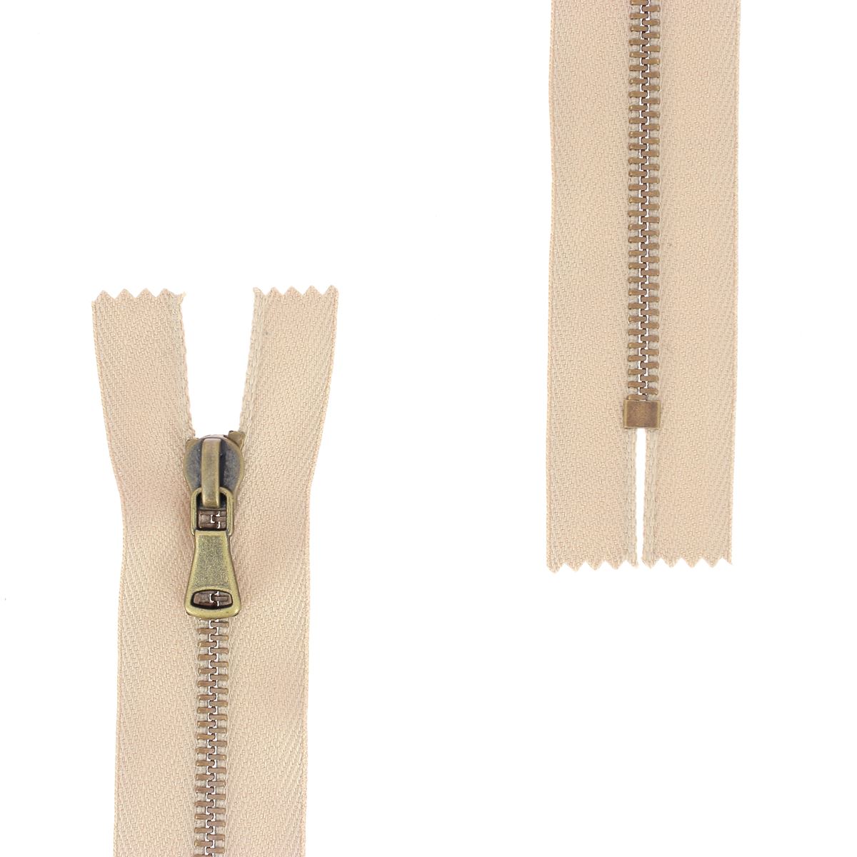 Fermeture à glissière en métal 4mm SUPRA en laiton vieilli, pièce de mercerie pour vêtements ou accessoires.