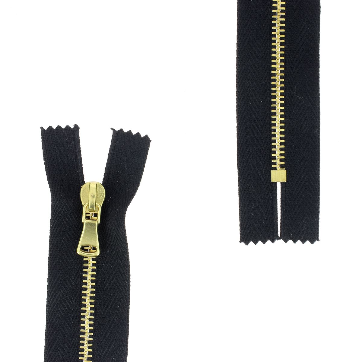 Fermeture à glissière en métal de 4mm de marque Supra en laiton, vue de côté, pour couture et maroquinerie.