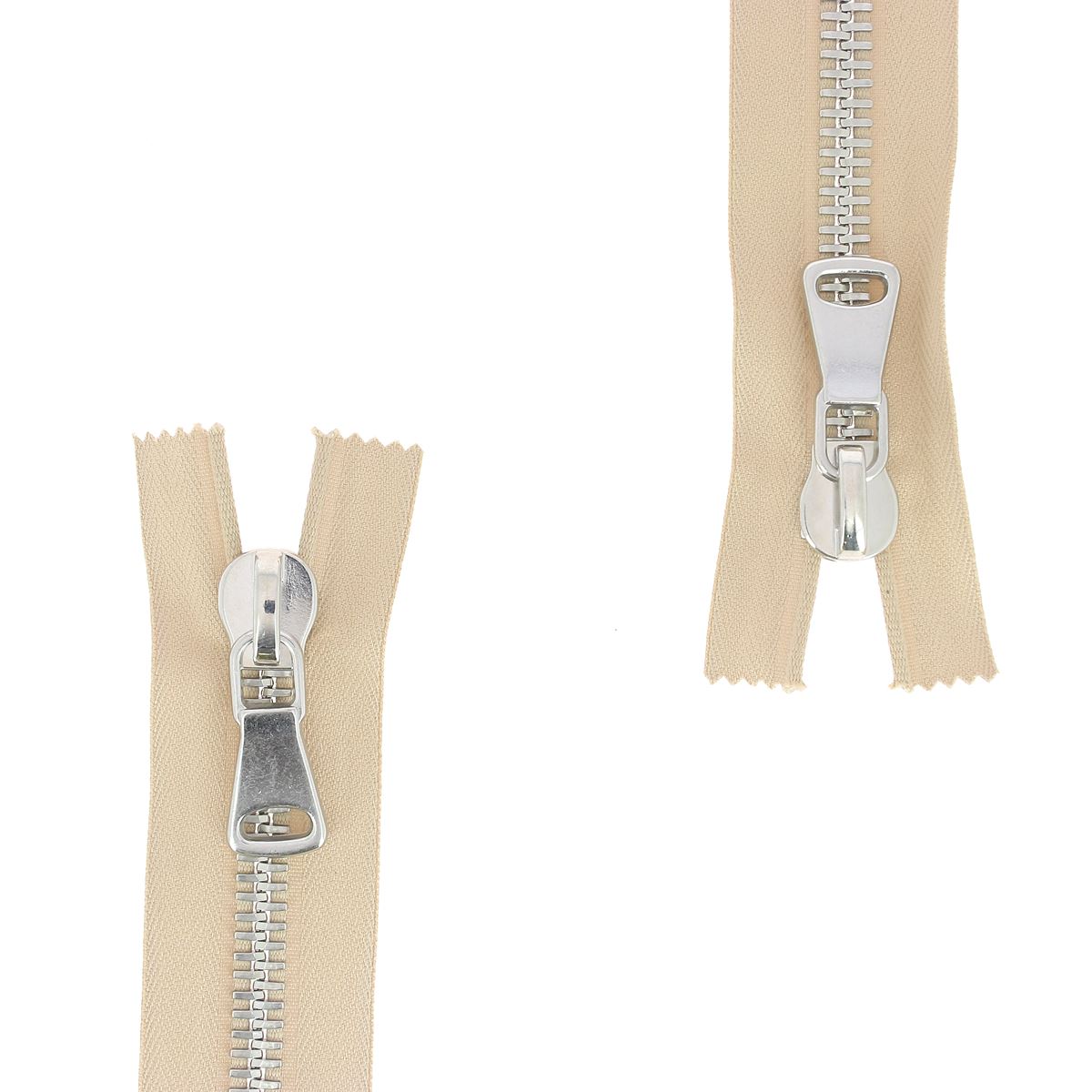 Fermeture à glissière double curseur en métal 8mm de marque Supra, finition nickelée, pour vêtements ou accessoires en mercerie.