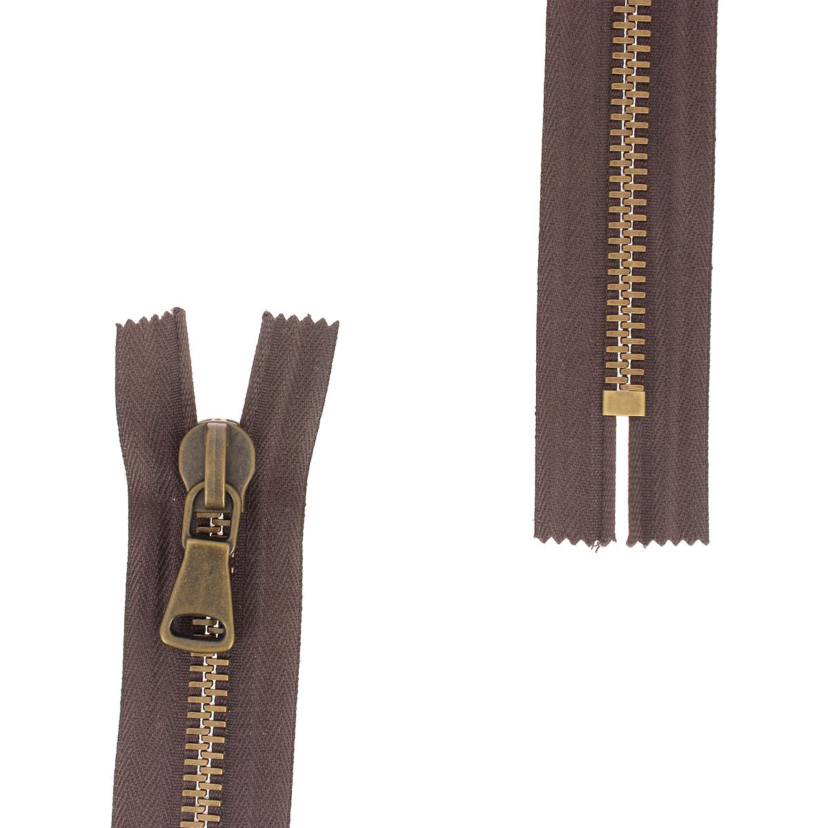 Fermeture à glissière double curseur en métal 8mm, style laitons vieilli, pour confection ou réparation de vêtements.
