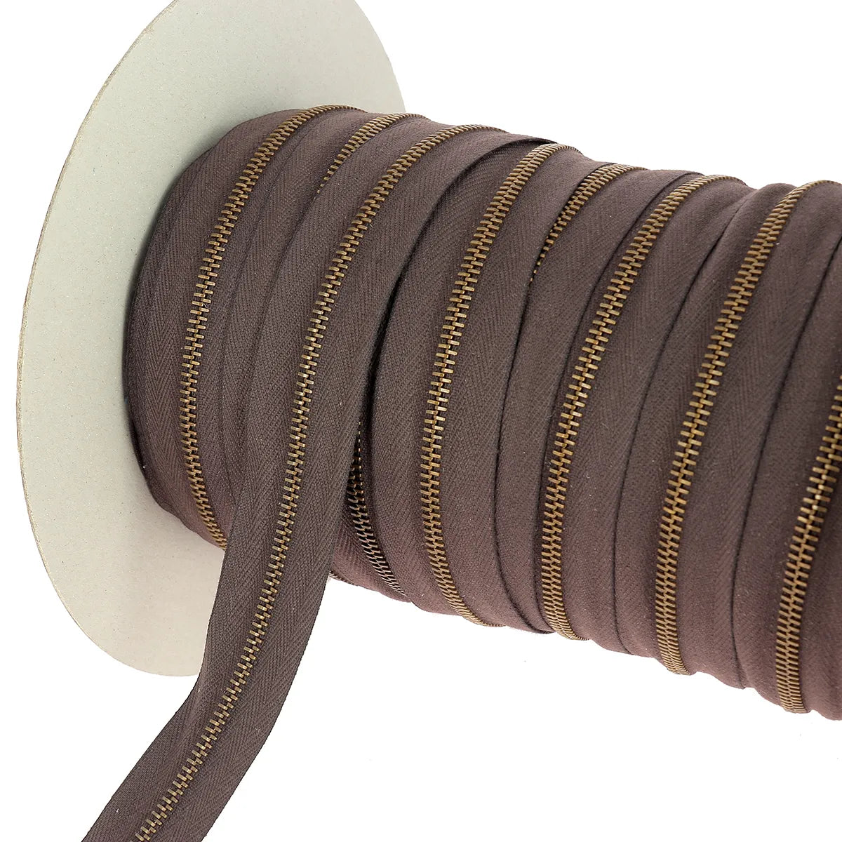 Fermeture éclair au mètre largeur 4 mm finition laiton vieilli ruban couleur marron chocolat