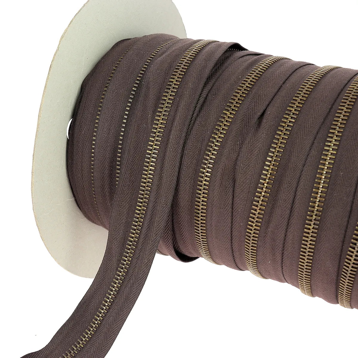 Fermeture éclair au mètre largeur 6 mm finition laiton vieilli ruban couleur marron chocolat