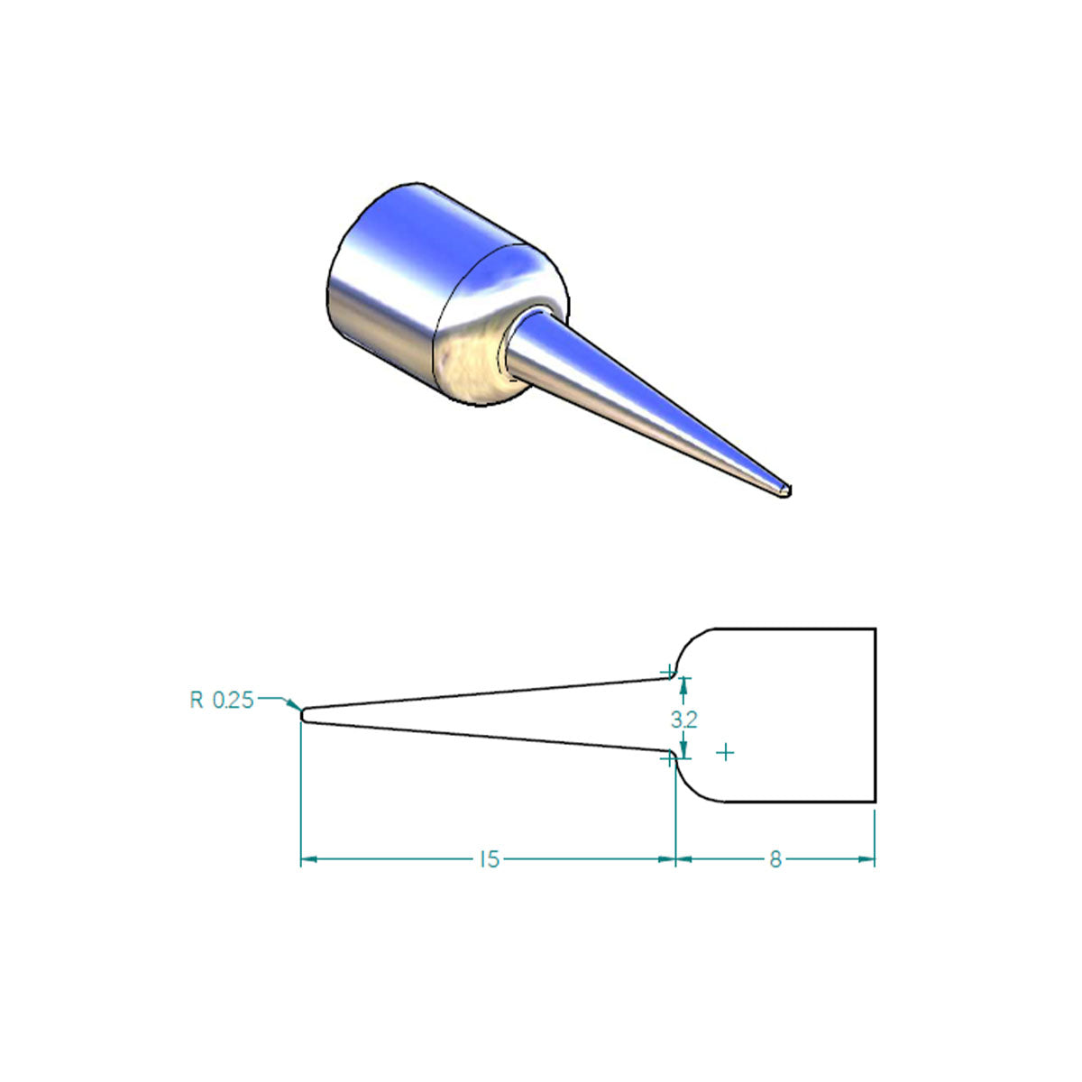 Pointe conique Adece pour fer à fileter, diamètre 1 à 2,5 mm, outil de finition pour cuir, image montrant la pointe en détail.