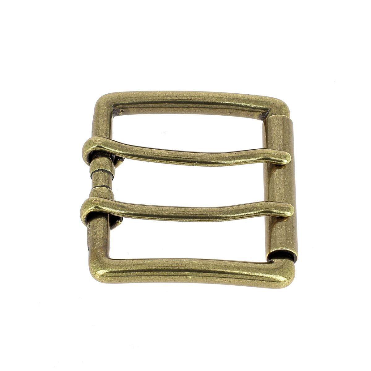 Boucle de ceinture en laiton massif NAO avec double ardillon et rouleau, design robuste et élégant en bouclerie.