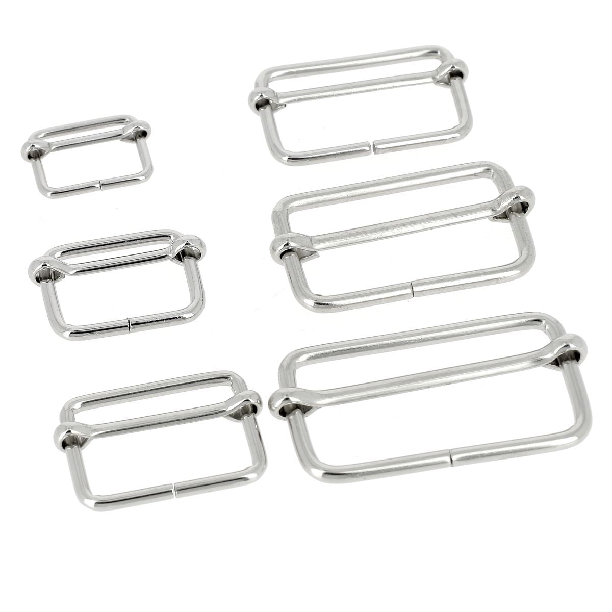 Boucle coulissante en nickelé avec fil fin, accessoire de bouclerie pour création de bijoux ou maroquinerie.