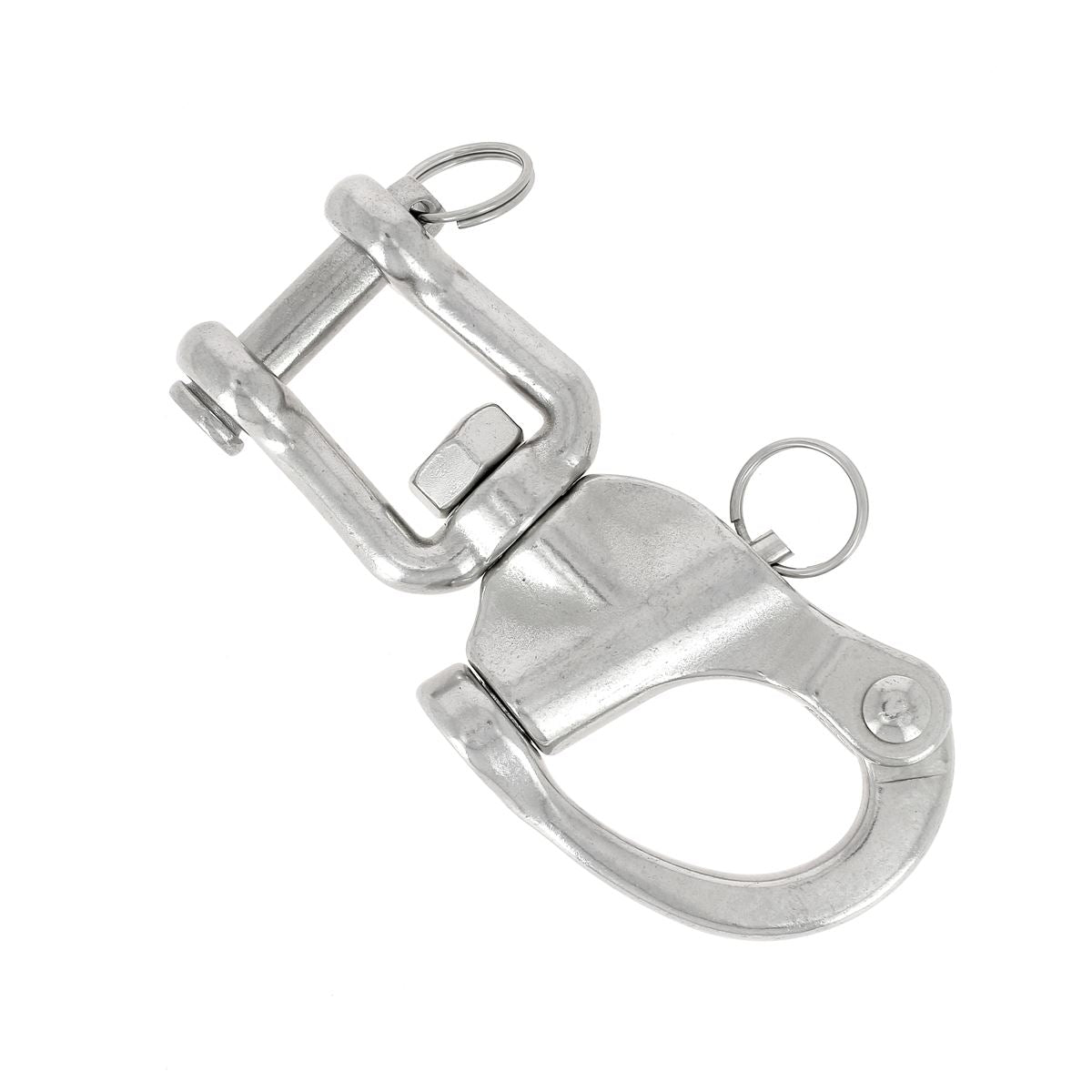Mousqueton d'attelage en inox avec double goupille de sécurité, bouclerie robuste pour attelage sécurisé.