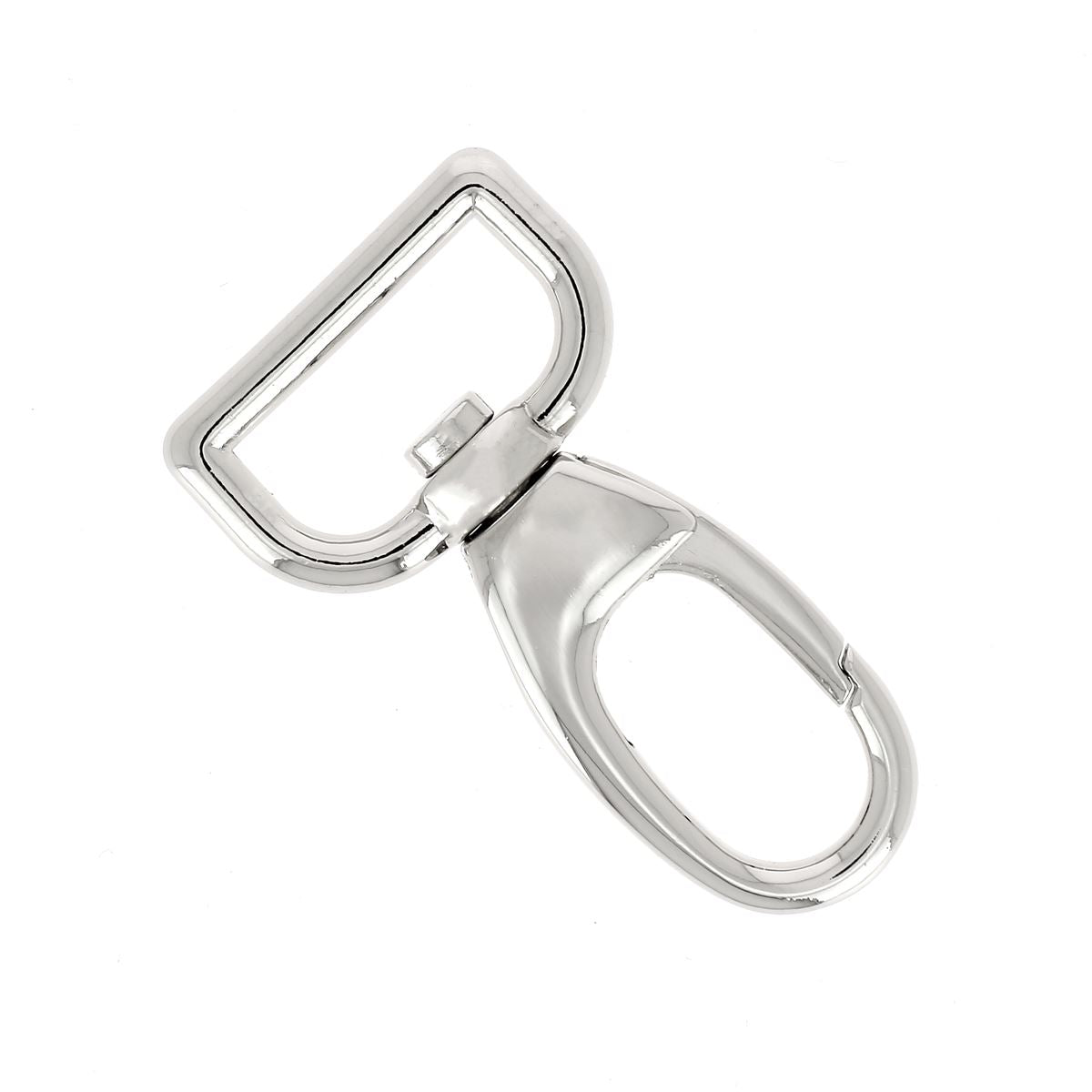 Mousqueton tournant en nickelé de 25 mm avec bérière plate, utilisé en bouclerie pour fixation sécurisée.