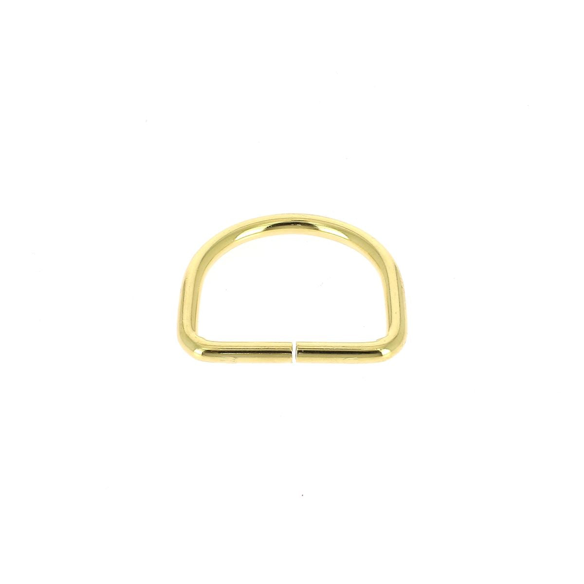 Anneau demi-rond en acier finition laiton, utilisé comme bouclerie pour travaux de maroquinerie ou bijoux.