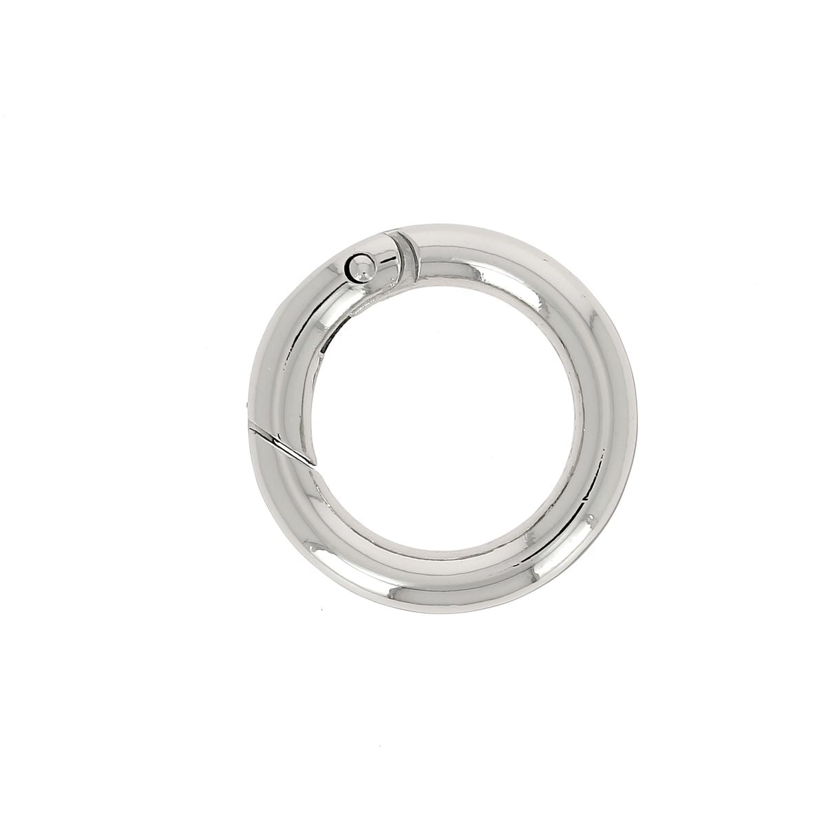 Mousqueton rond en nickel, fixation en bouclerie, pour accessoires ou équipement, présenté en image.