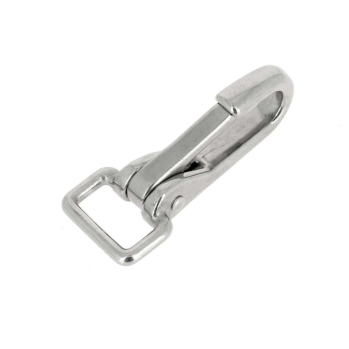 Mousqueton à bélière fixe en inox, boucle de sécurité robuste pour accessoires ou équipements, vue de face.