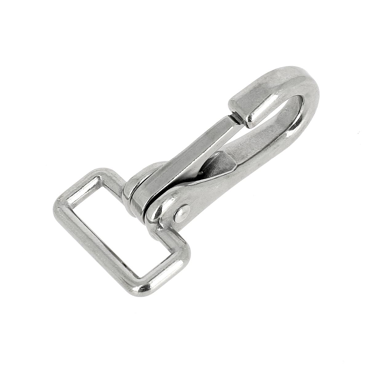 Mousqueton en inox avec bélière fixe, bouclerie robuste pour applications de fixation ou de suspensions.