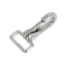 Mousqueton en inox avec bélière fixe, bouclerie robuste pour applications de fixation ou de suspensions.