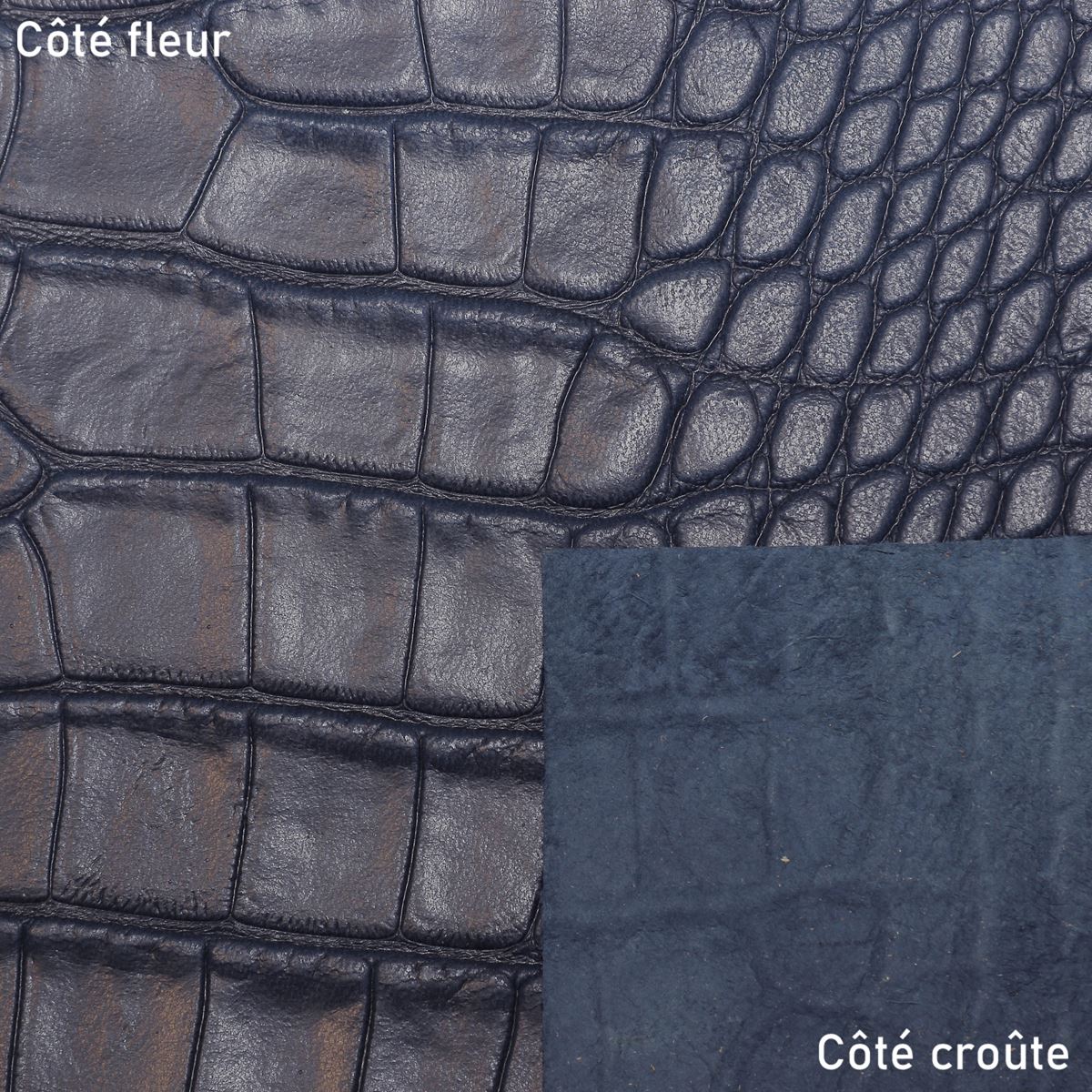 Peau de cuir de basane imitation crocodile bleue marine, finition aniline, pour projet de maroquinerie ou couture.