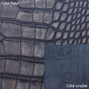 Peau de cuir de basane imitation crocodile bleue marine, finition aniline, pour projet de maroquinerie ou couture.