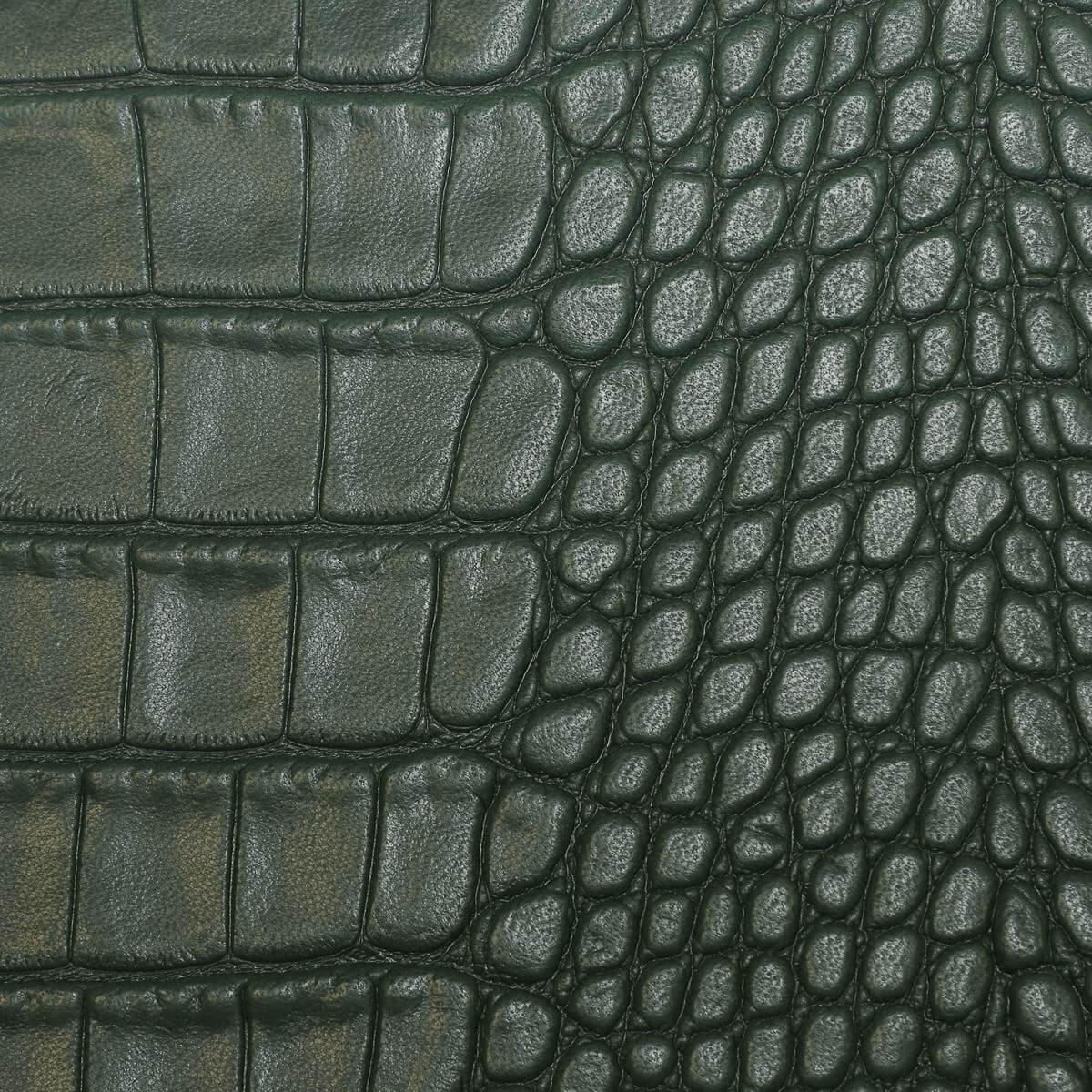 Peau de cuir de basane imitation crocodile verte, finition aniline, pour projets de maroquinerie ou décoration.