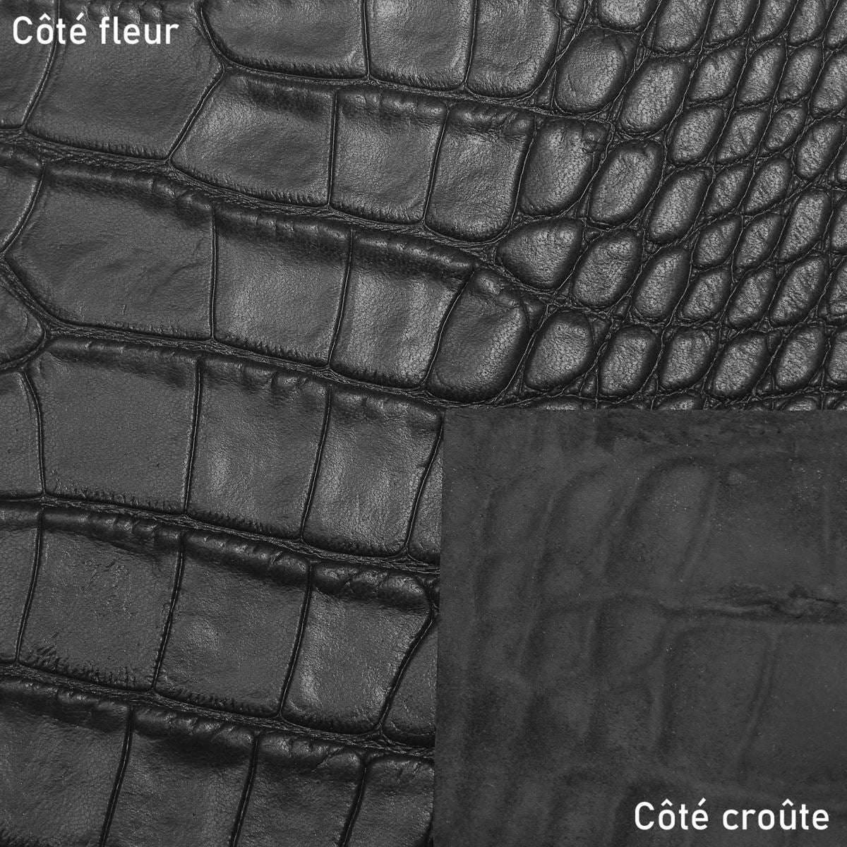 Peau de cuir de basane imitation crocodile noire, style autruche, pour projets de maroquinerie, vue en gros plan.