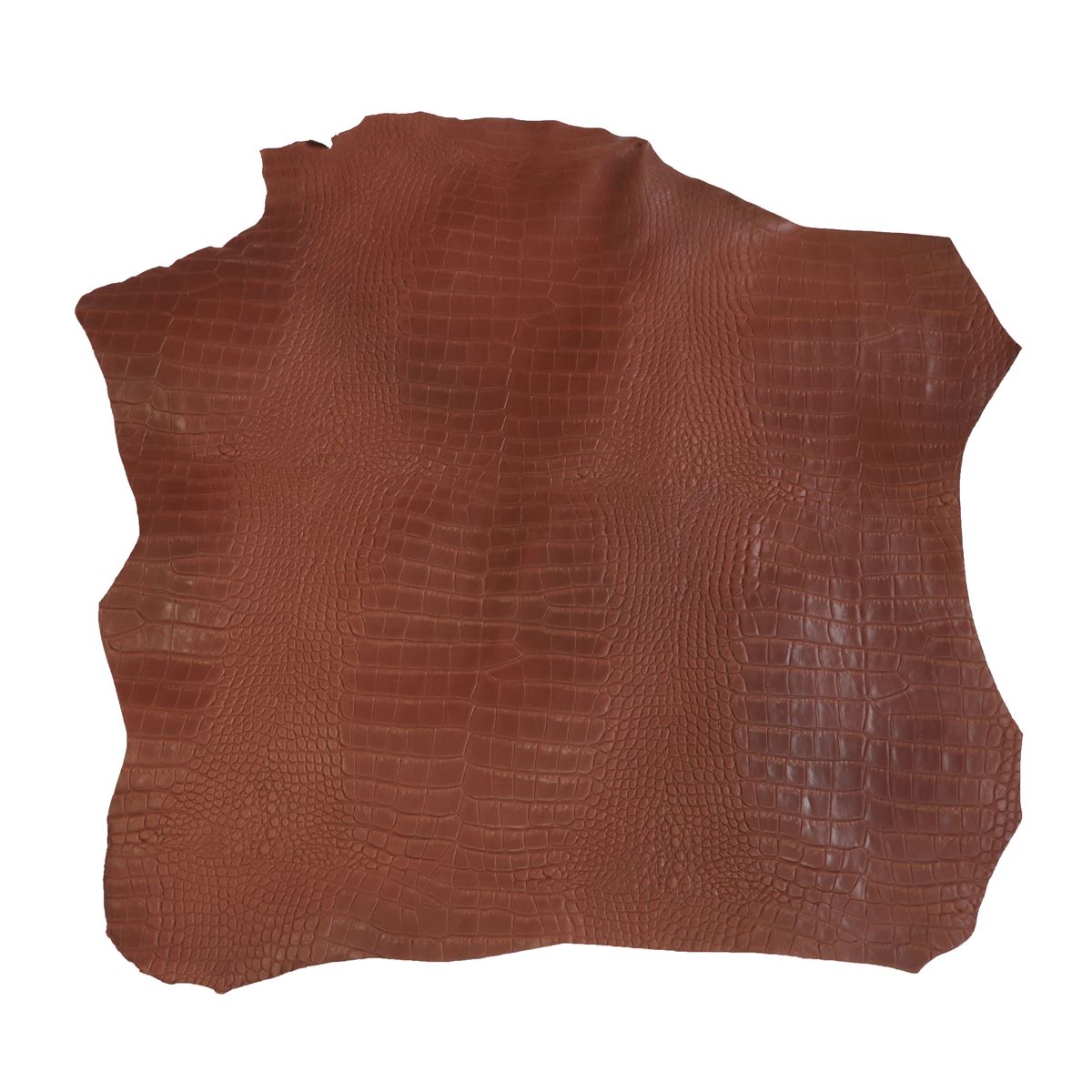 Peau de cuir de basane imitation crocodile marron brique, finition aniline, vue détaillée de la texture et la couleur.