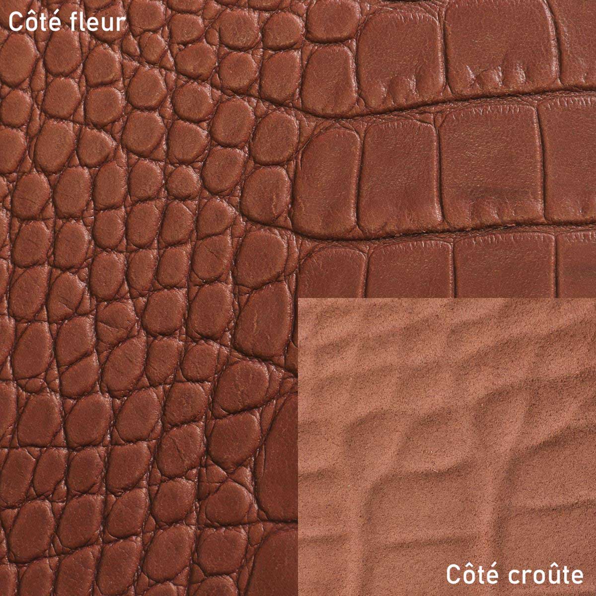 Peau de cuir de basane imitation crocodile couleur marron brique, finition aniline, pour projet de maroquinerie ou décoration.