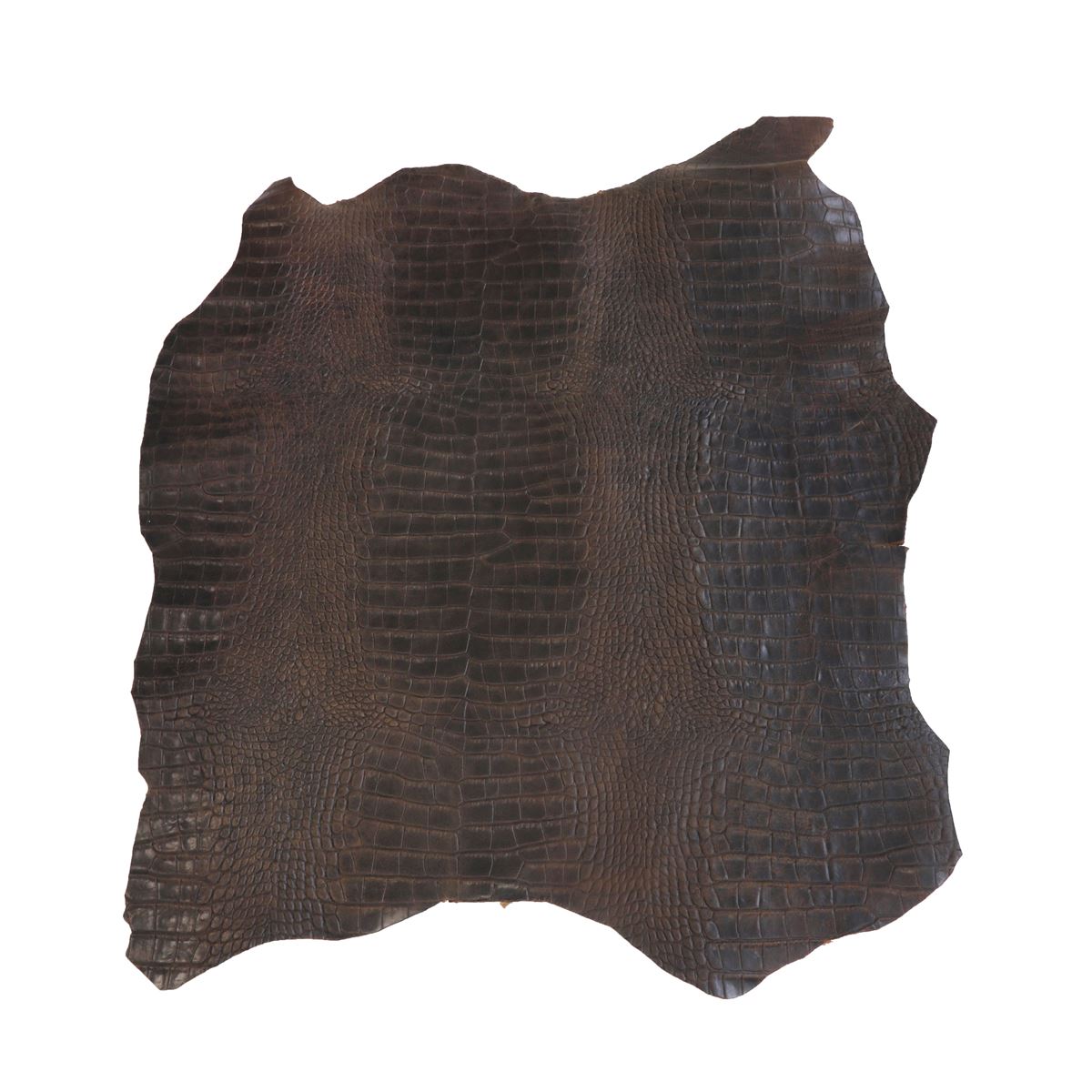 Peau entière de cuir de basane imitation crocodile marron vieilli, produit authentique de fabrication française.