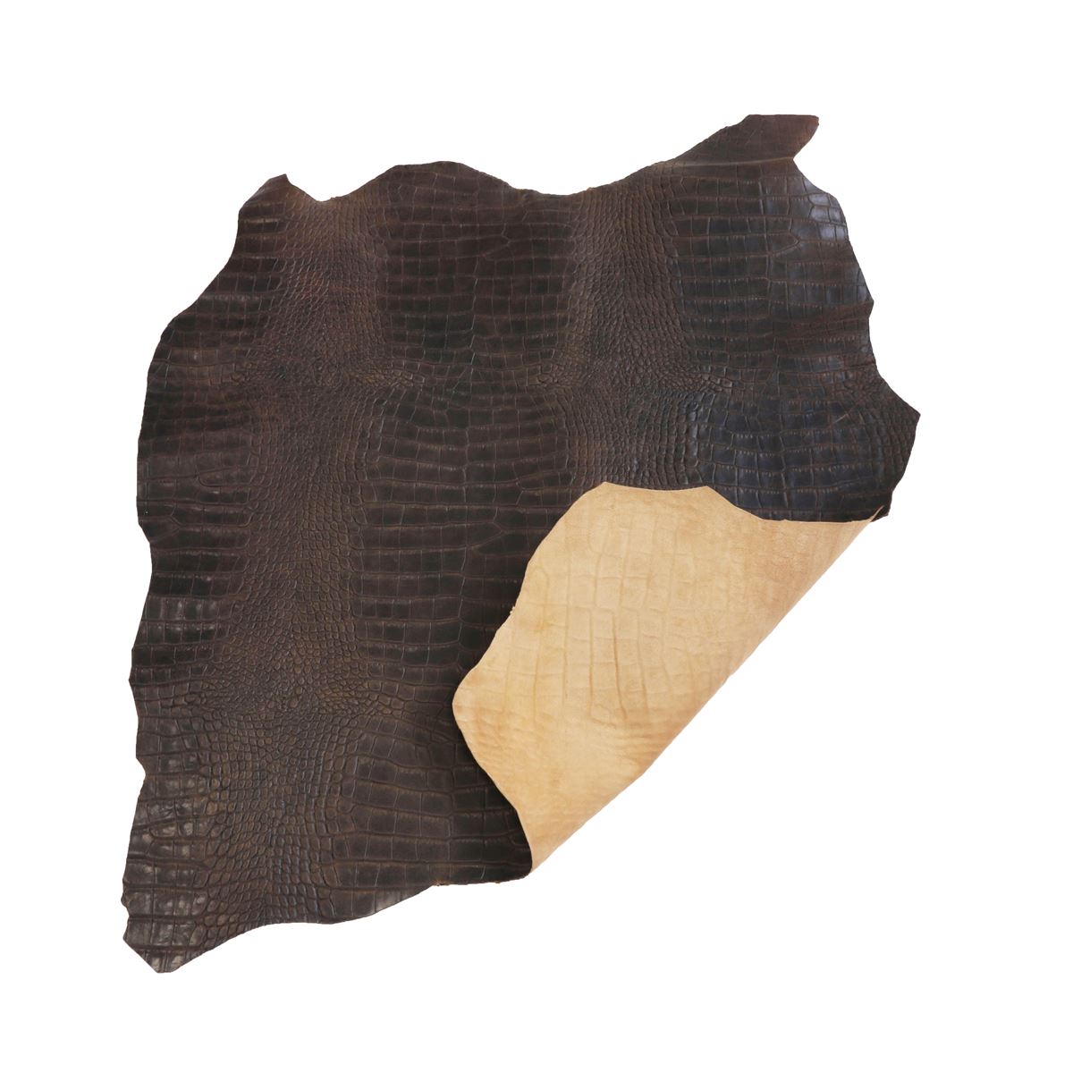 Peau entière de cuir de basane imitation crocodile marron vieilli, flexible et texturée, pour projets de maroquinerie ou décoration.