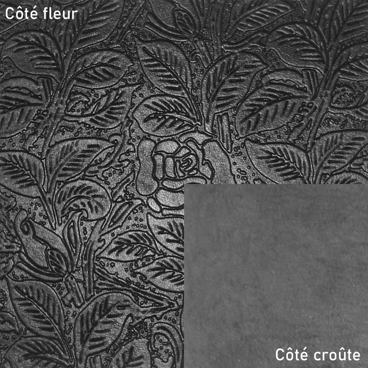 Peau entière de cuir de basane noire avec motif floral imprimé, en cuir aniline, fabriquée en France.