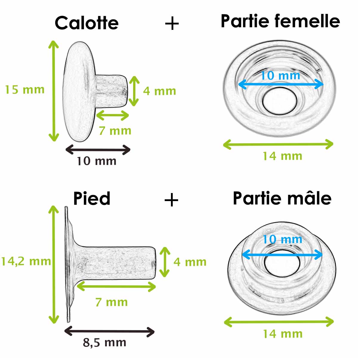 Lot de 10 boutons pression FORT LINE 24 de 15 mm, accessoires en métal pour couture et maroquinerie.