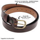 Boucle de ceinture REX 30mm en laiton antique sur une ceinture en cuir pleine fleur marron.