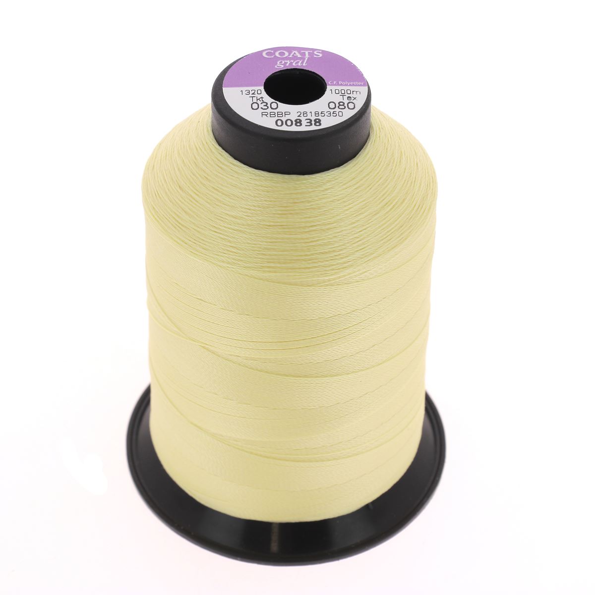 Bobine de fil polyester GRAL N°30 Coats, 1000m, couleur vanille, mercerie, vue de la bobine avec étiquette.