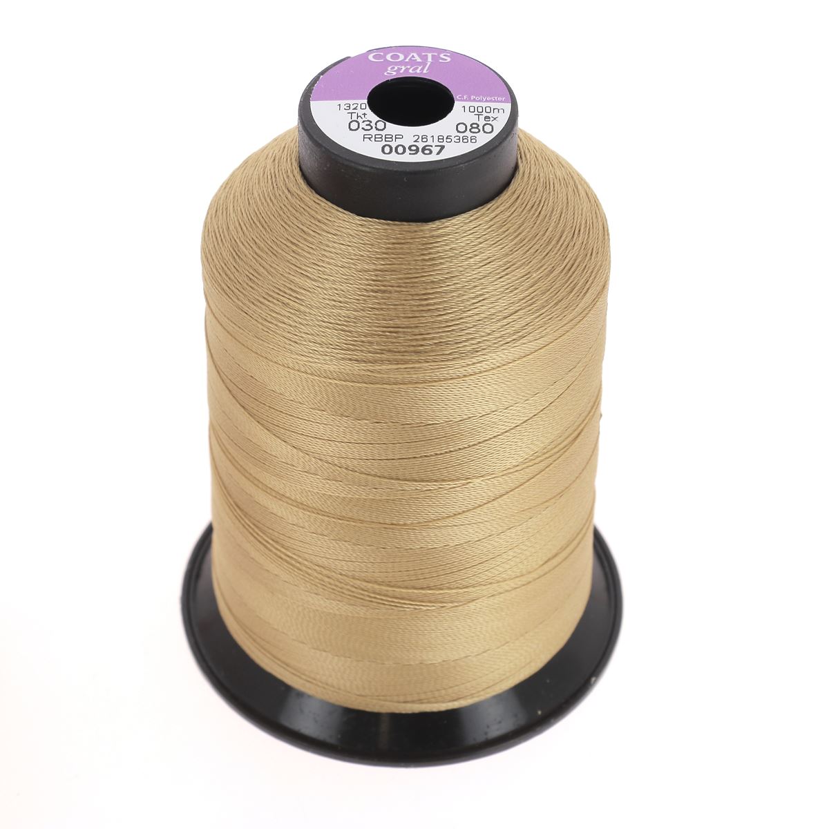 Bobine de fil polyester GRAL N°30 Coats, 1000m, brun clair, mercerie, visible sur la bobine en gros plan