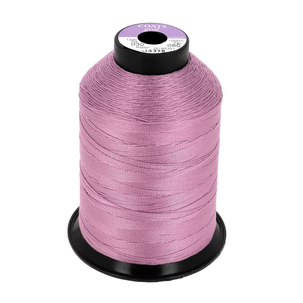 Bobine de fil polyester GRAL N°30 Coats mauve, mercerie, 1000m, vue de face avec étiquettes.