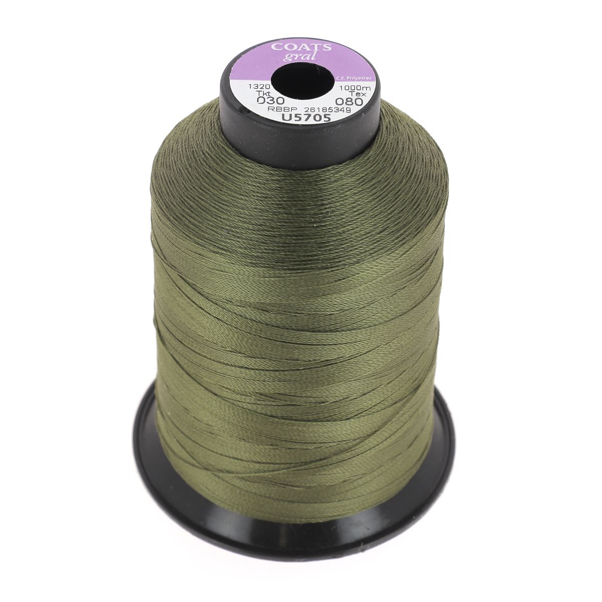 Bobine de fil polyester GRAL N°30 Coats, 1000m, vert kaki, mercerie, vue de la bobine avec étiquette.